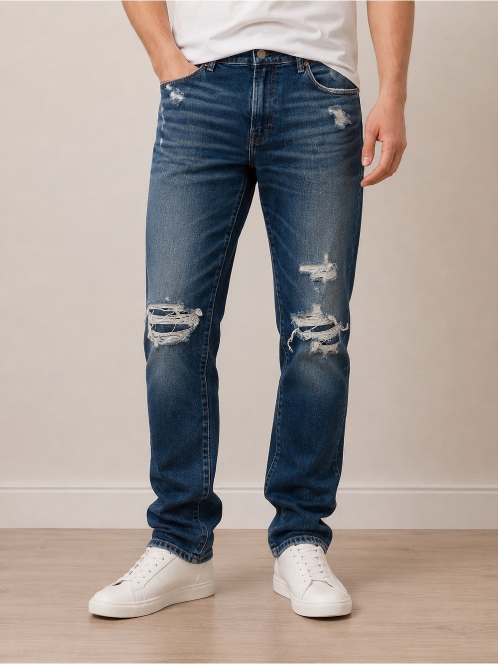 American Eagle Outfitters Blue Straight-Leg Distressed Jeans